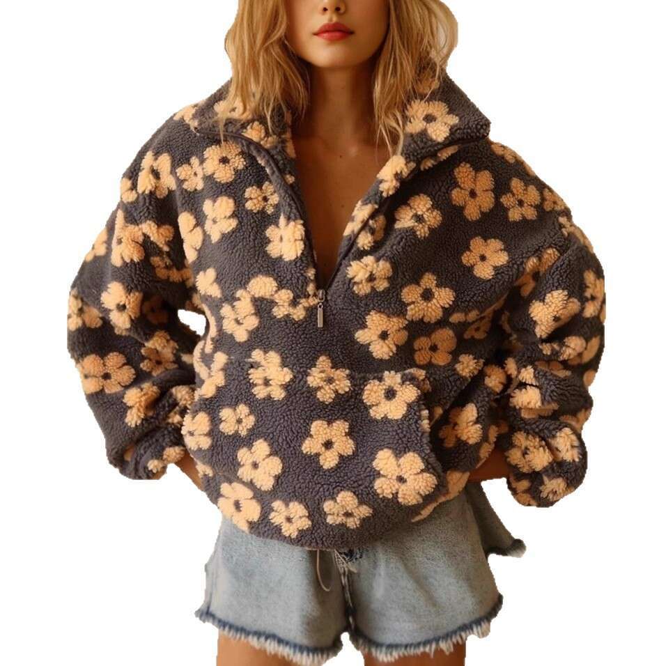 Spring New Fashion Loose Zipper Sweatshirt Long Sleeve Top with Imitation Lamb Wool Print for Women MAKOUFEI