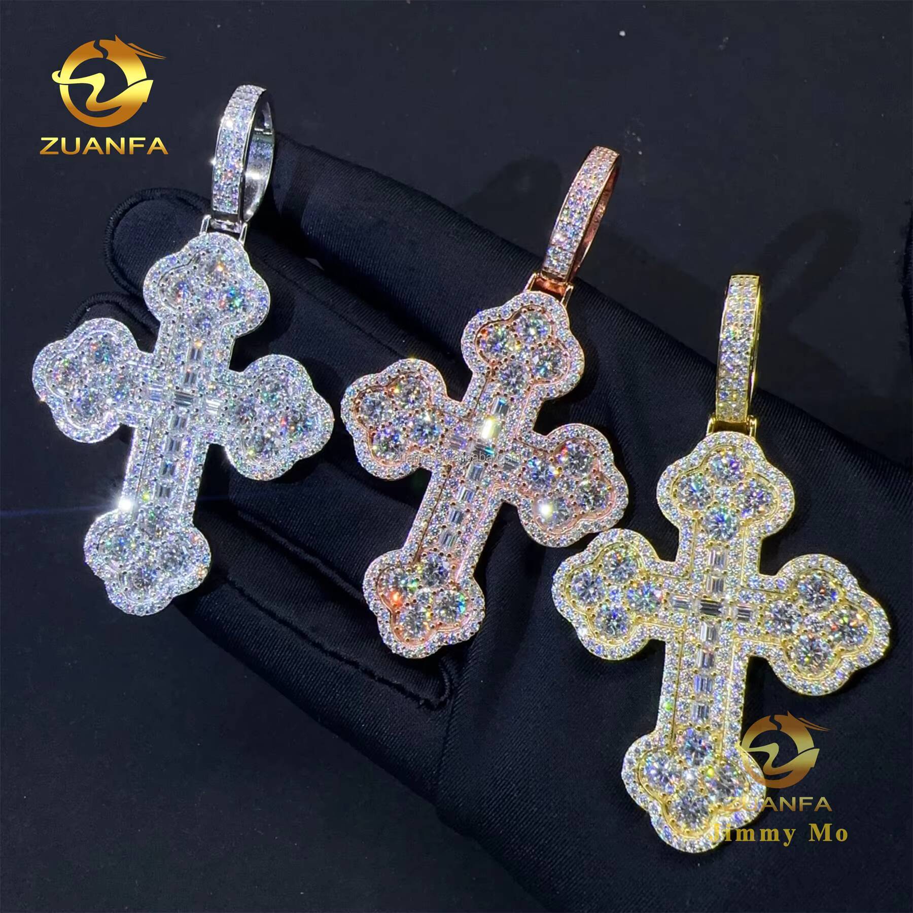 Fire Luxury Jewelry Men Claw Setting Fully Iced Out Hip Hop 925 Silver Baguette Moissanite Diamond Cross Pendant Tennis Chain