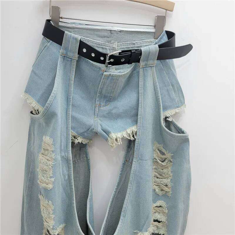 gestring Women Autumn Hole Belt Low Waist Denim Pants Fashion All Match Loose Casual Long Straight Jeans New MAKOUFEI