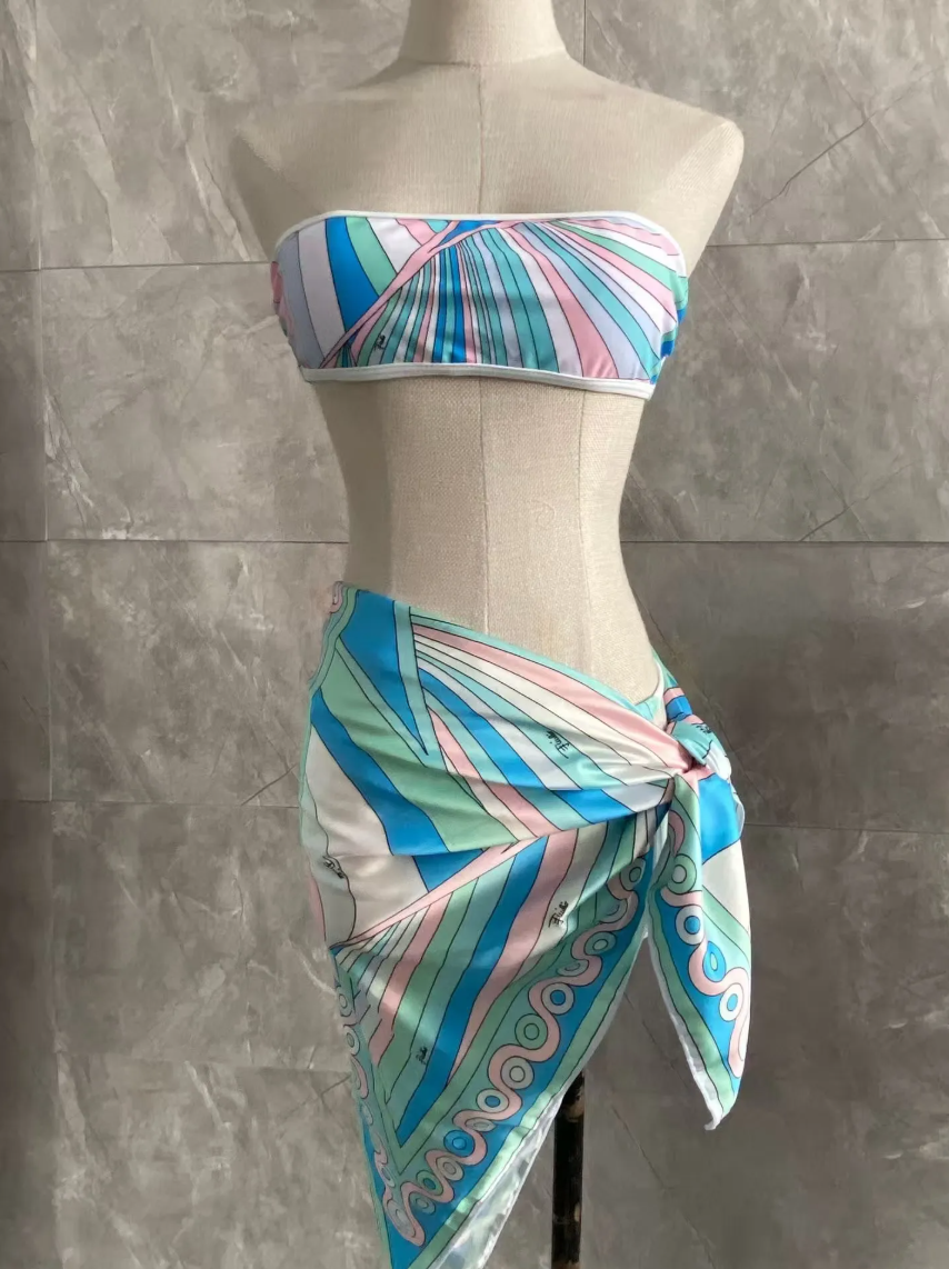 puccily swimsuits Colorful Women Swimwear Sexy Hollow swimsuit Designer Swimsuits Scarf Skirt Beachwear Sexy V-neck