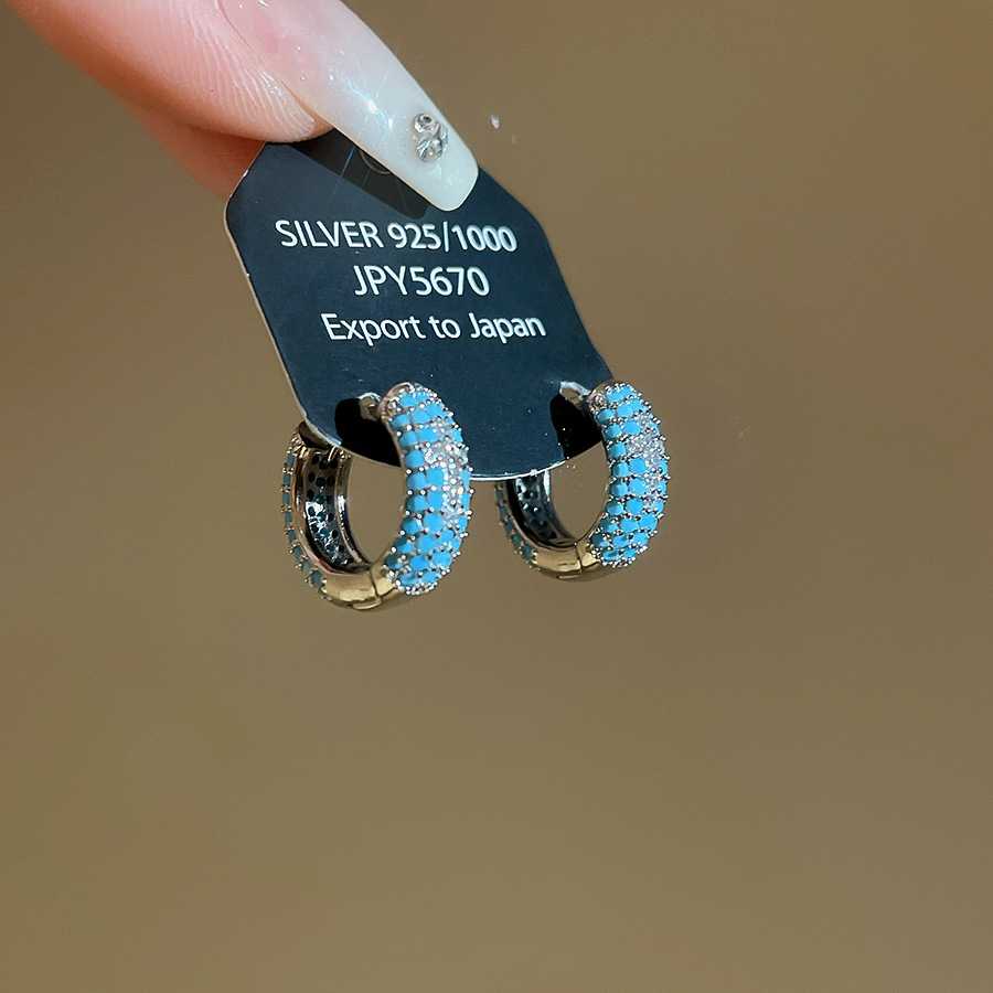 New fashion earrings with a high-end, minimalist feel, super shiny ear clasps in turquoise blue, French vintage cross design, versatile for women - view 6