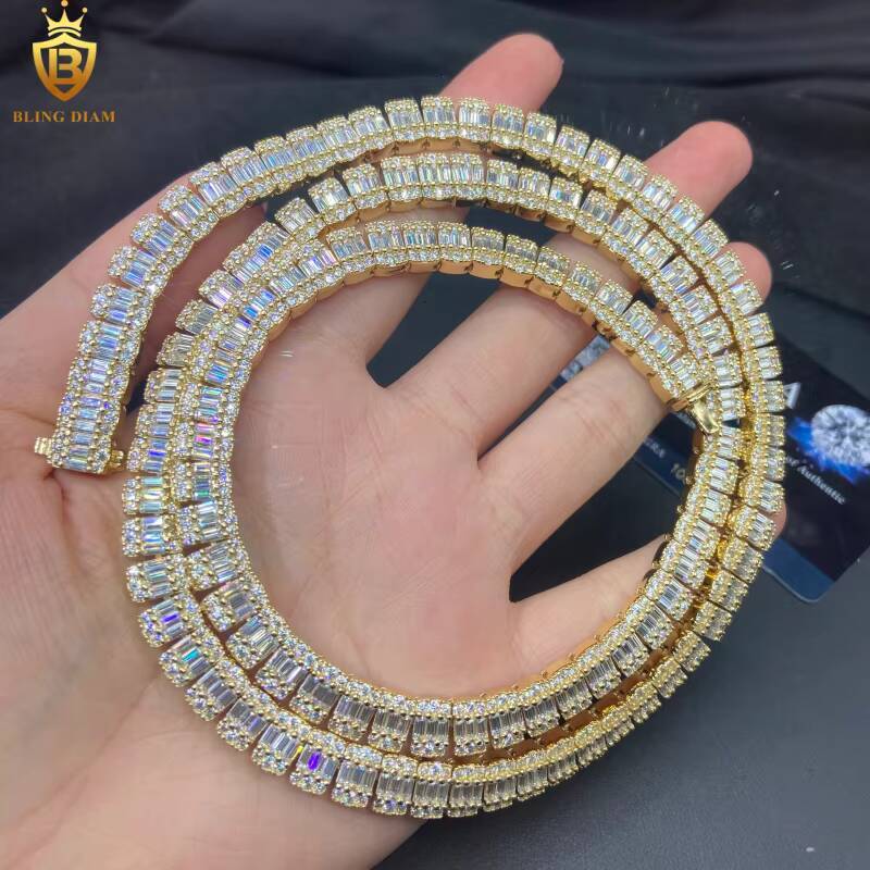 Hot Sale HipHop 8mm 925 Silver Baguette Cut Moissanite Chain Mens Iced Out Moissanite Necklace Chains Pass Diamond Test VVS GRA