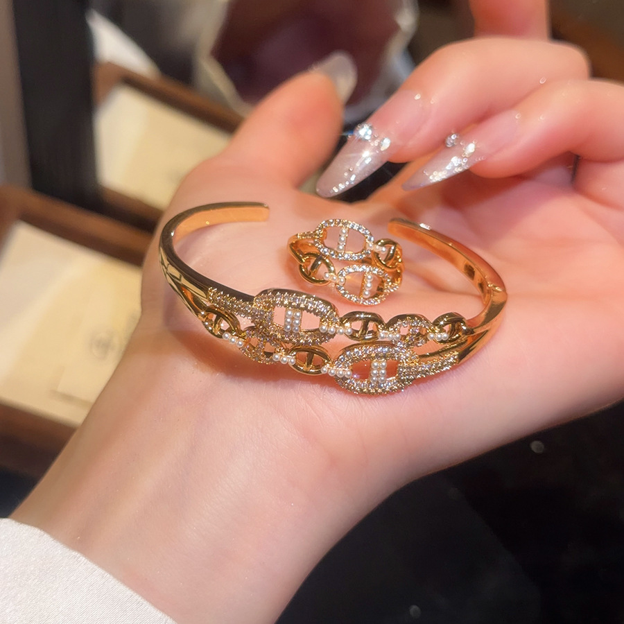 Exaggerated European American style 18K real gold plated zircon geometric pearl ring and bracelet set, light luxury high-end women's jewelry - view 8