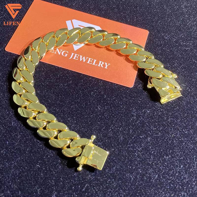 Lifeng Jewelry 14MM Yellow Gold Plated Men Hiphop Smooth Cuban Link Chain 925 Sterling Silver Luxury Miami Cuban Chain Bracelet