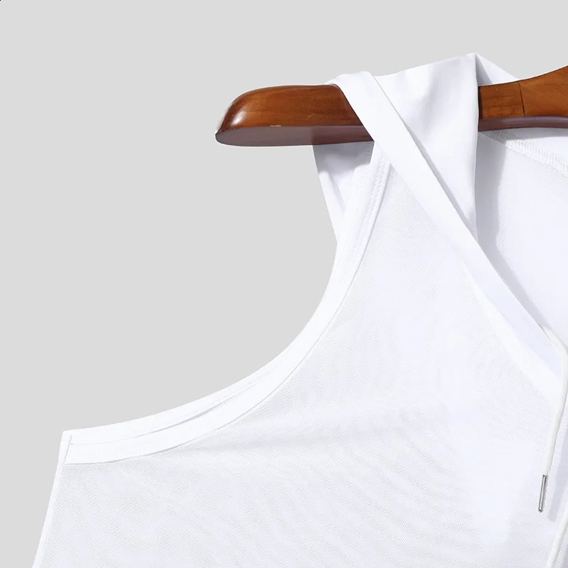 Chic Men Hooded Sports Tank Tops Sexy Solid Color Transparent Sleeveless T-shirt Summer Casual Drawstring Fitness Vest S-2XL260424