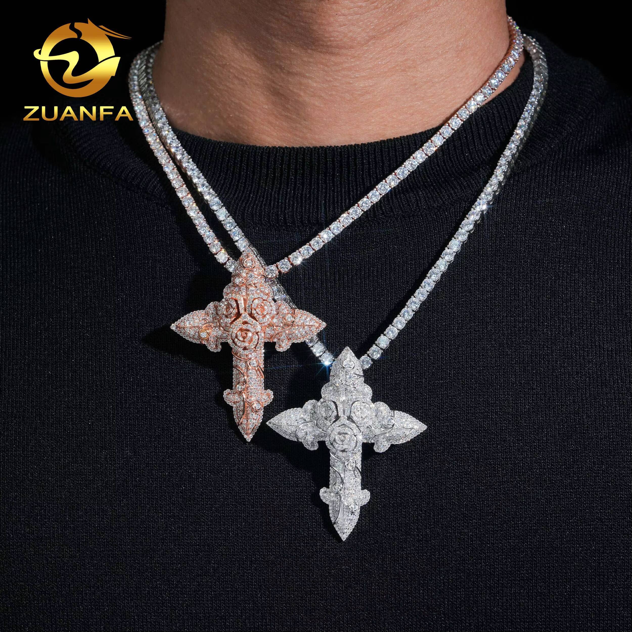 Fine Jewelry Factory Exquisite 3D Rose Big Cross Pendant Moissanite Pendant Men Iced Out Jewelry Custom Hip Hop Pendant