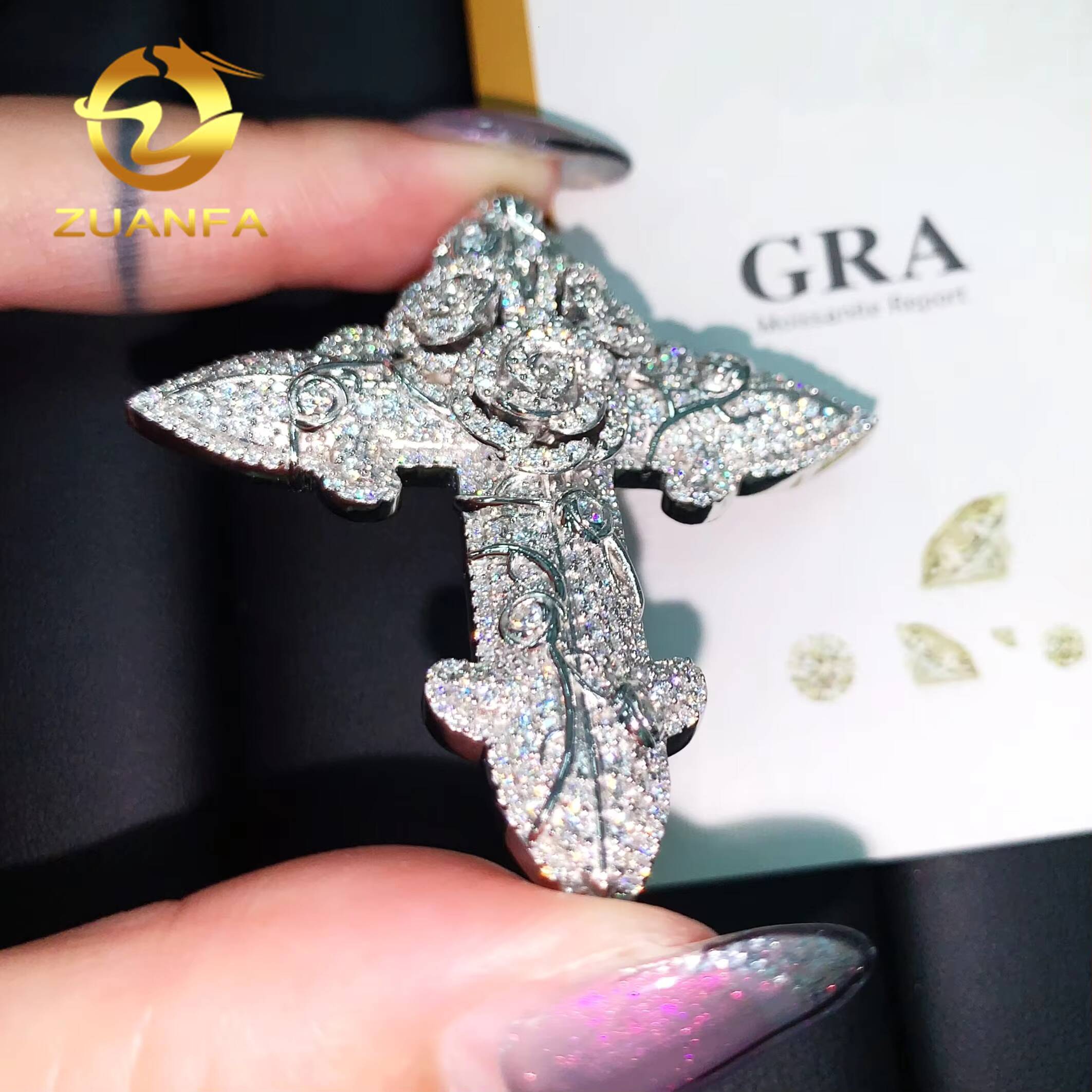 Fine Jewelry Factory Exquisite 3D Rose Big Cross Pendant Moissanite Pendant Men Iced Out Jewelry Custom Hip Hop Pendant