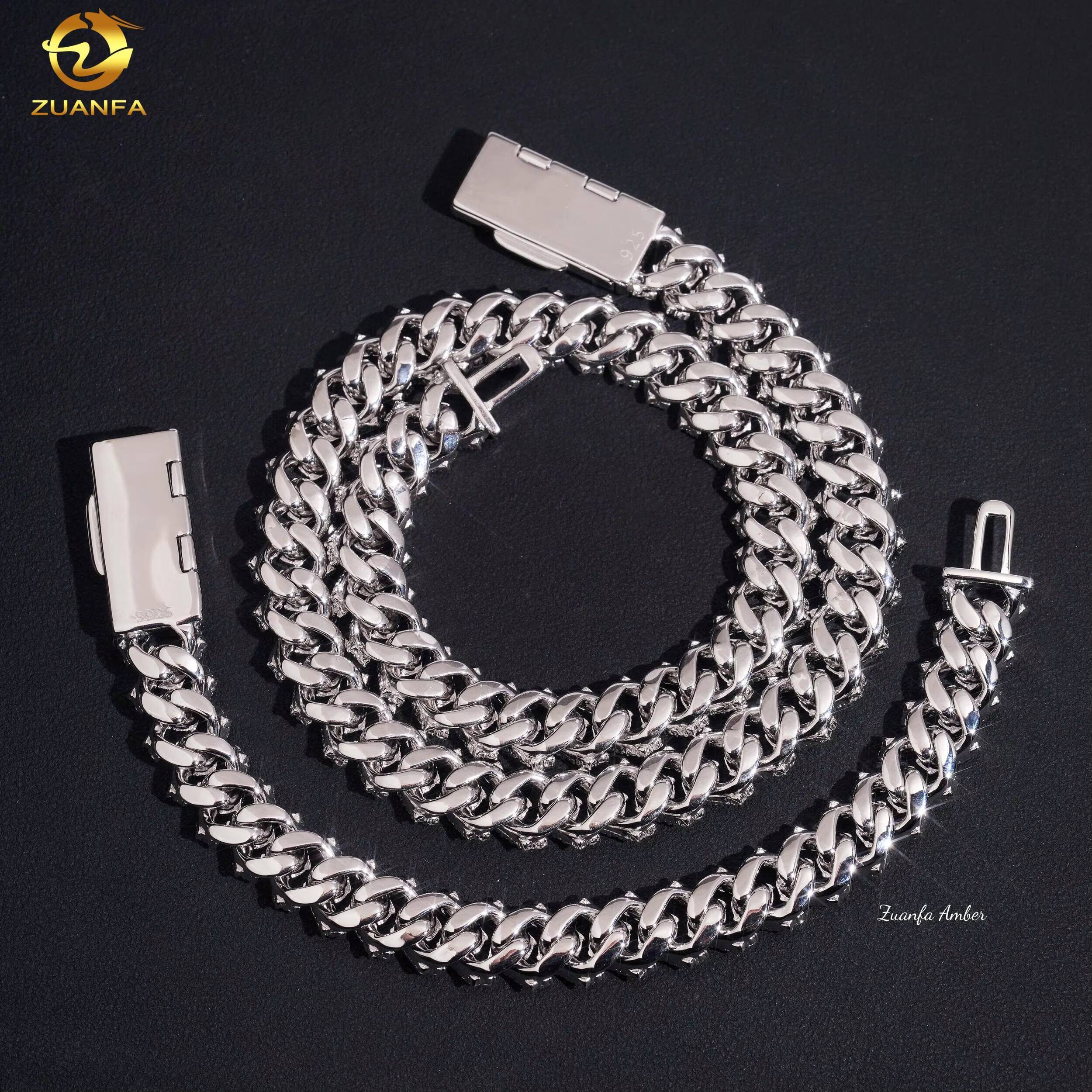 Long Clasp S925 Sterling Silver Hip Hop Iced Out 12MM VVS Lab Moissanite Diamond Prong Cuban Link Chain Mens Necklace