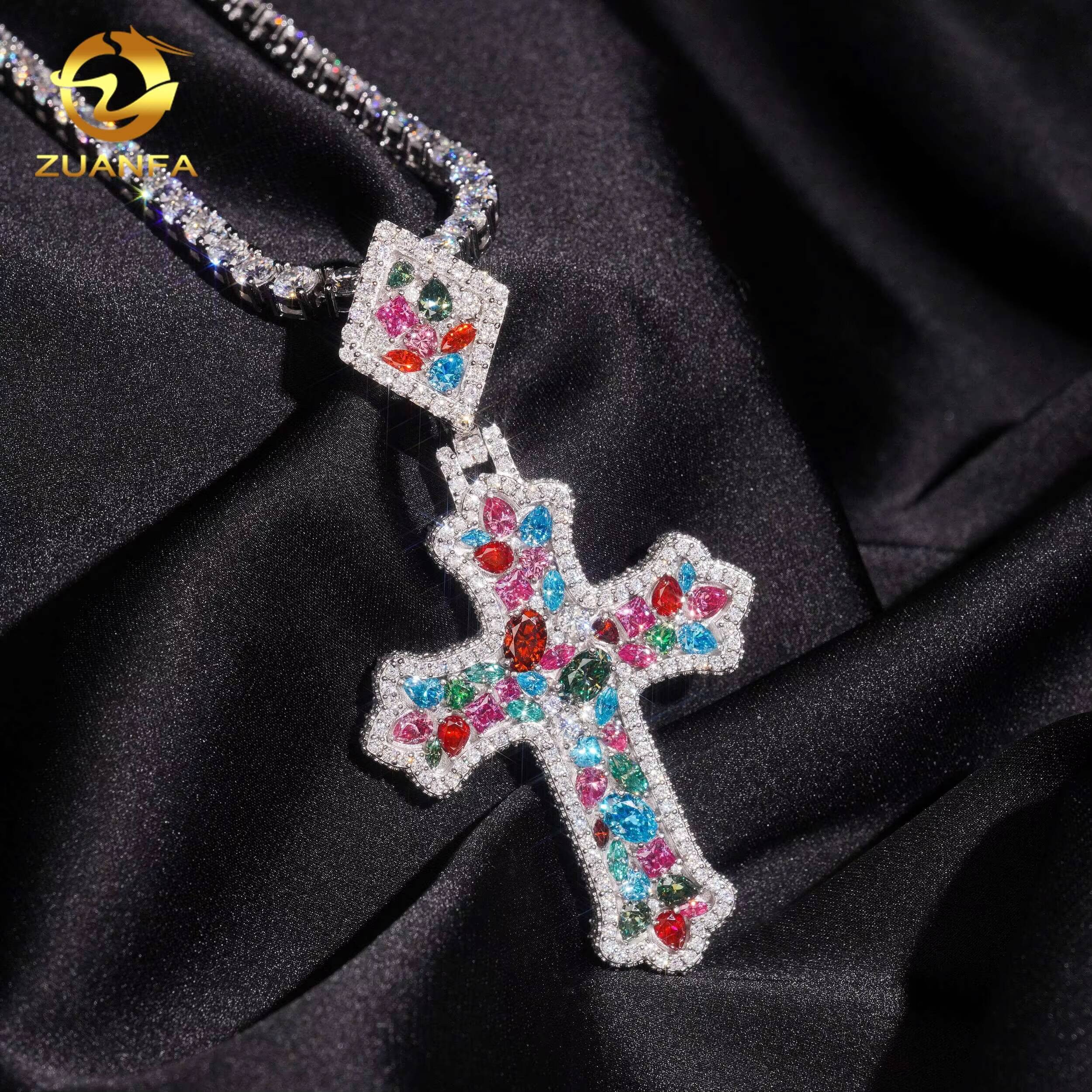 Mixed Fancy Cut Color Moissanite Chain Pendant Cross Custom Hip Hop Pendant Moissanite Religious Jewelry Cross Pendant Unisex