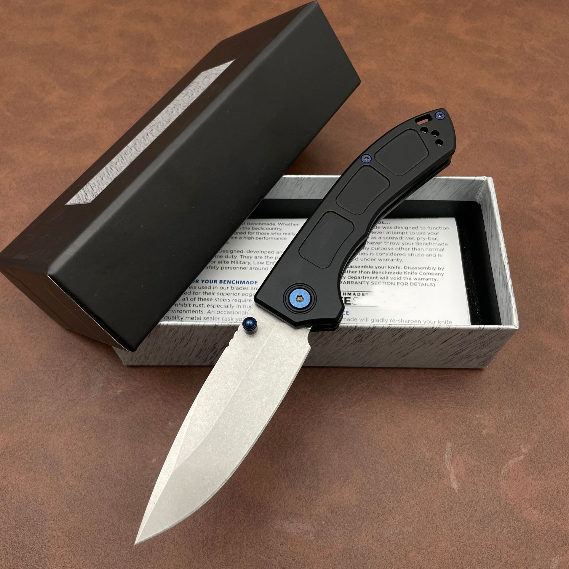 Tactical BM 748 Narrows Folding Knife 3.43" M390 Satin Blue Accents Outdoor EDC Tool Drop Point Blade Gray Titanium Handles