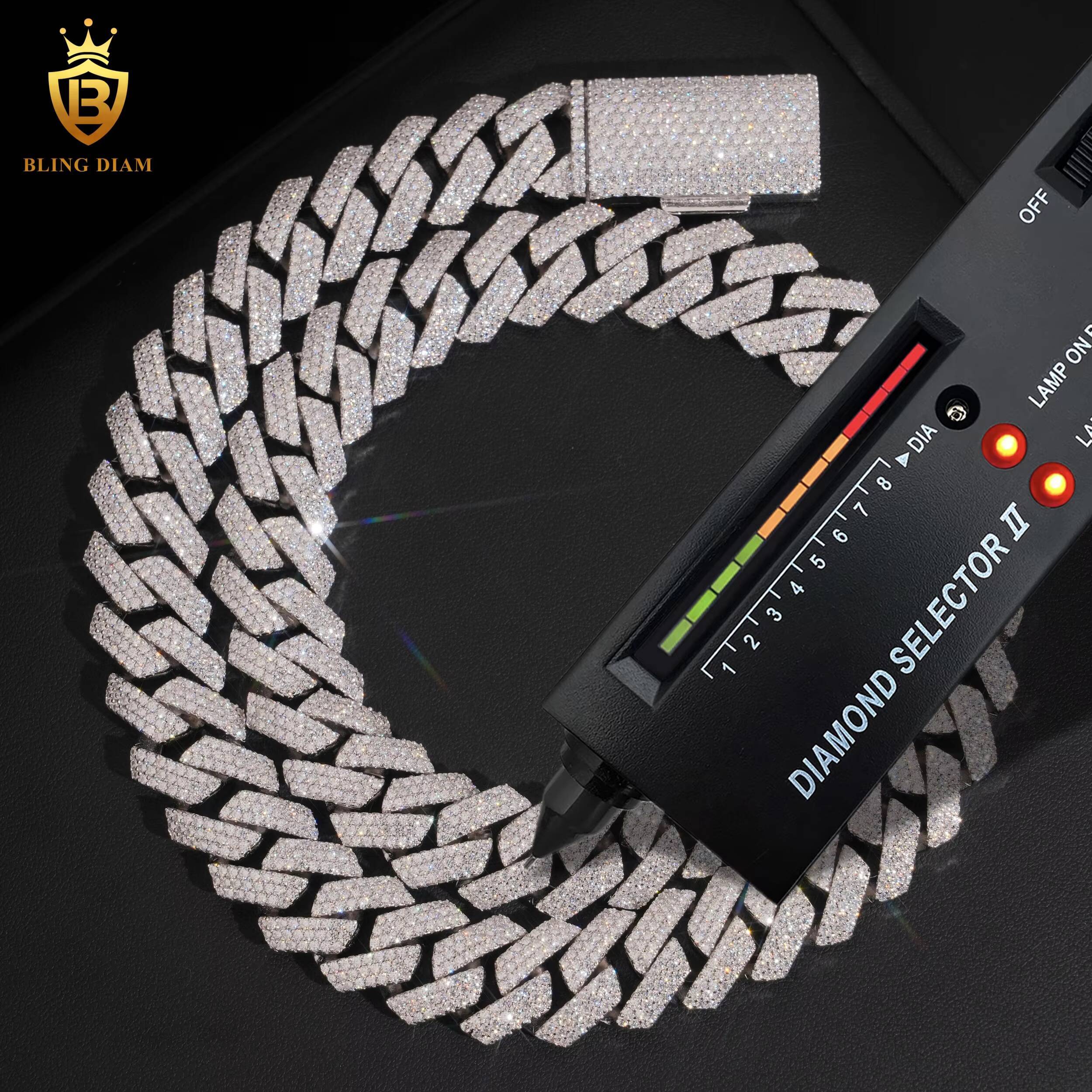 Hot Selling Miami 15MM 925 Sterling Silver Chain Cuban 3 Rows Moissanite Cuban Link Fashion Chains Necklaces Pass Diamond Test