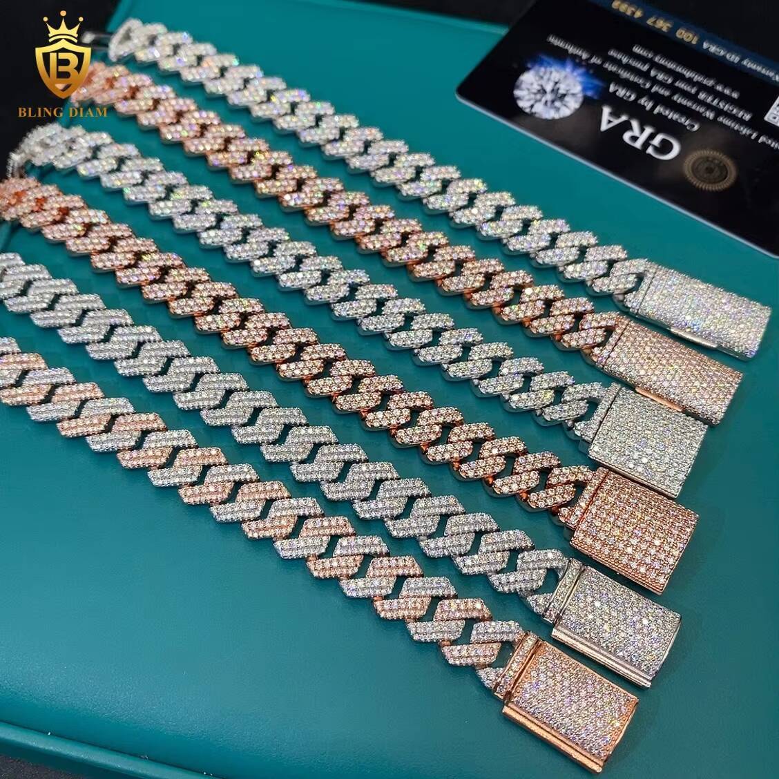 Miami 12mm Bracelets Cuban Link Chain Moissanite 925 Silver Rose Gold Vvs Moissanite Chain Fashion Chains Pass Diamond Test