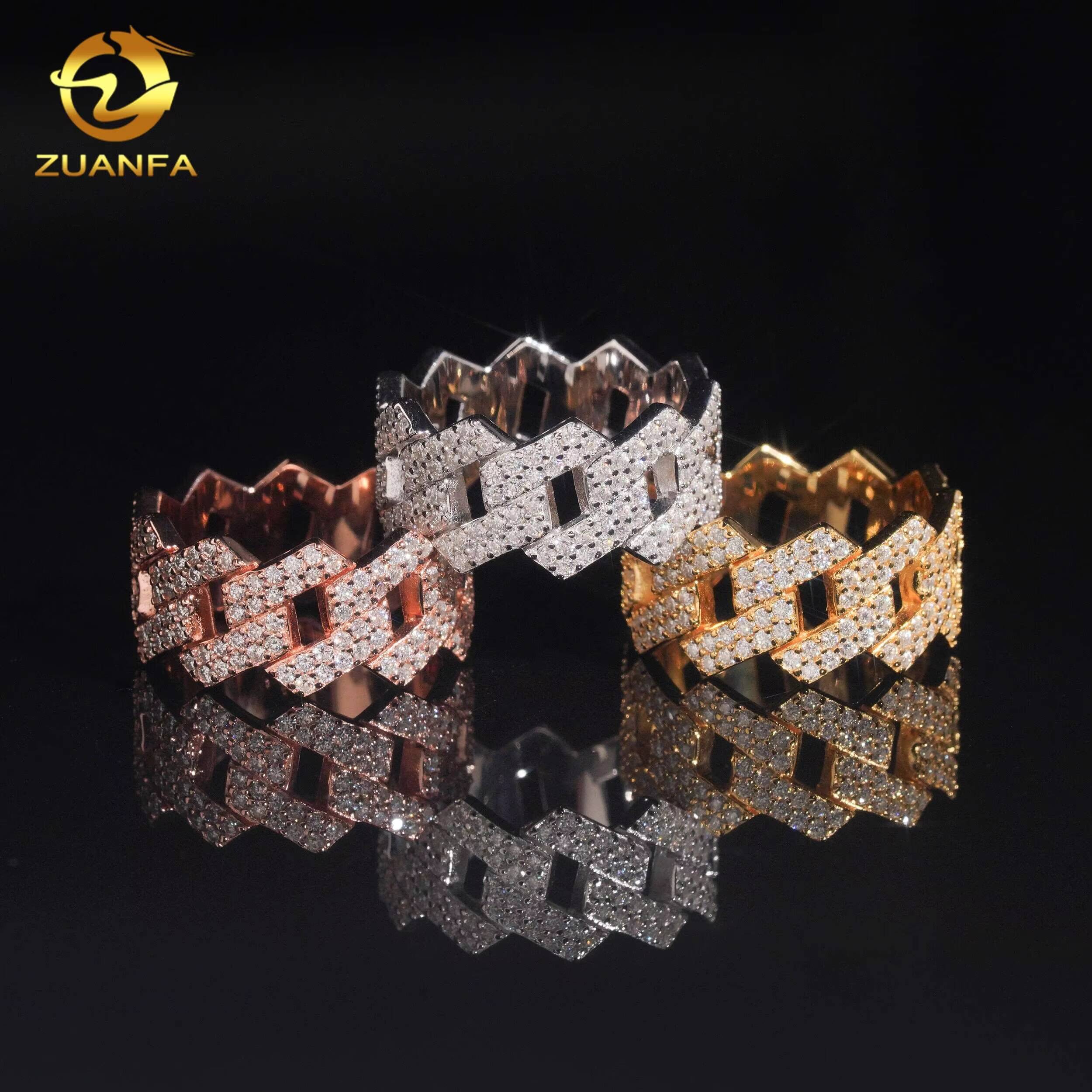 Hot Sale Two Row Hip Hop Rapper VVS Mokssanite Ring 925 Silver Fine Jewelry Full Diamond Iced Out Jewelry Cuban Ring for Men