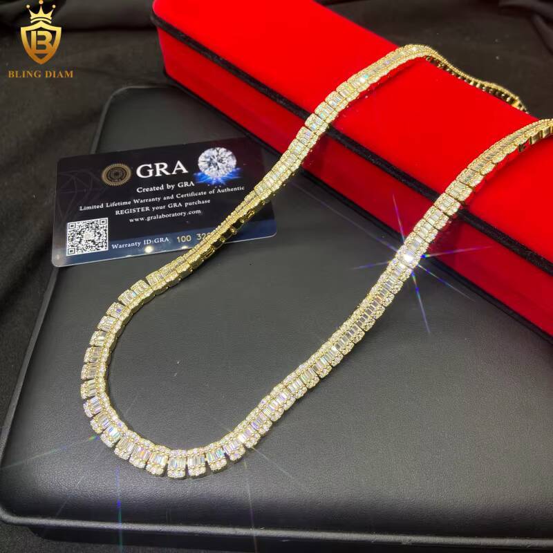 Hot Sale HipHop 8mm 925 Silver Baguette Cut Moissanite Chain Mens Iced Out Moissanite Necklace Chains Pass Diamond Test VVS GRA
