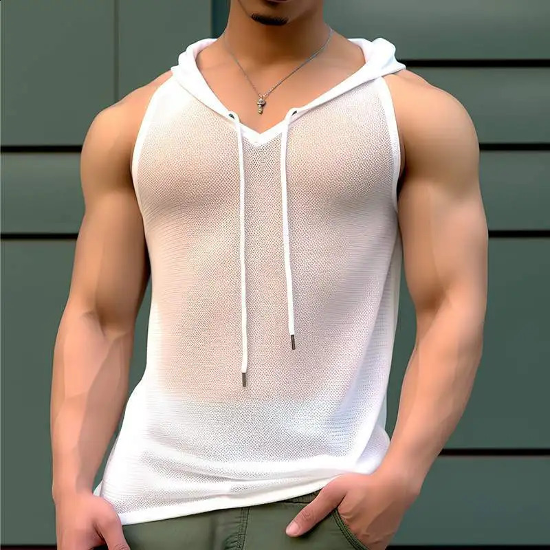 Chic Men Hooded Sports Tank Tops Sexy Solid Color Transparent Sleeveless T-shirt Summer Casual Drawstring Fitness Vest S-2XL260424