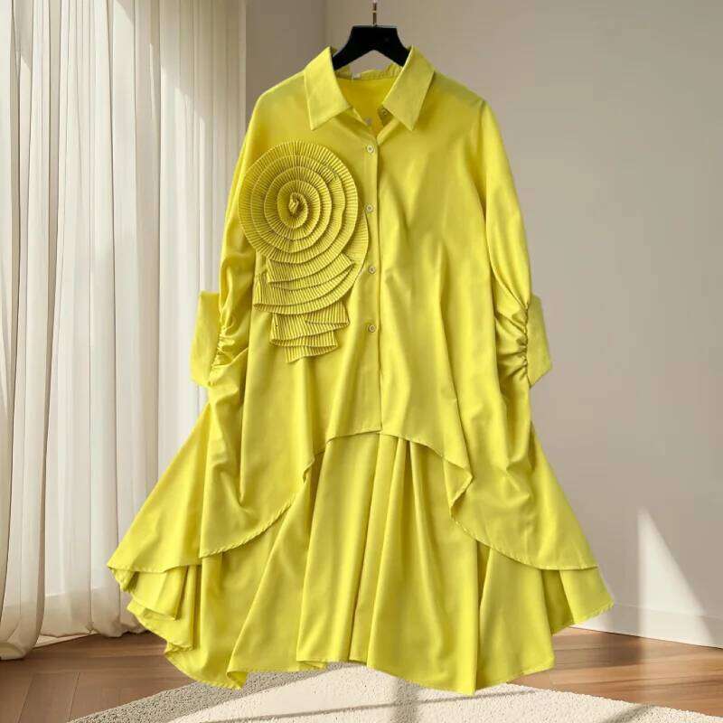 New European Clothes Loose Blouse Chic Turndown Collar Irregular Three dimensional flowers Women Batwing Sleeve Tops MAKOUFEI