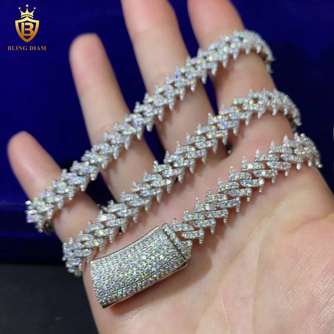 Hot Sale 925 Silver Chain Iced Out Moissanite Cuban Link 10mm Pass Diamond Test Moissanite HipHop Necklace Men Cuban Chain