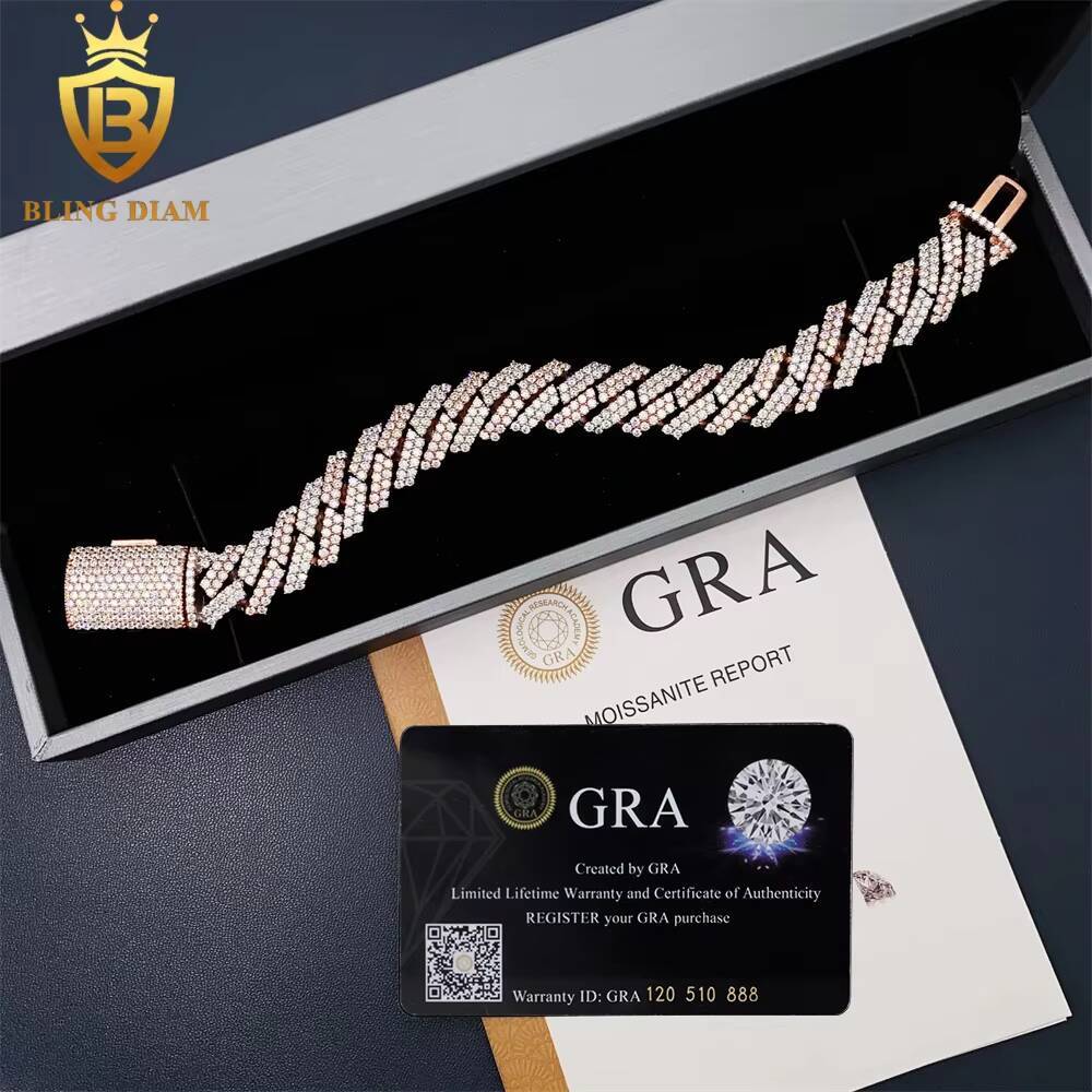 15mm Two Tone Iced Out Hip Hop Jewelry Cuban Link Chain 925 Sterling Silver VVS Moissanite Bracelet Necklace