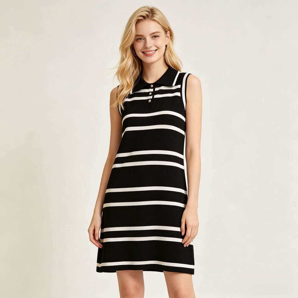 2026 designer high-end women's simple lapel sleeveless striped knitted k30 petite height FC increasing dress