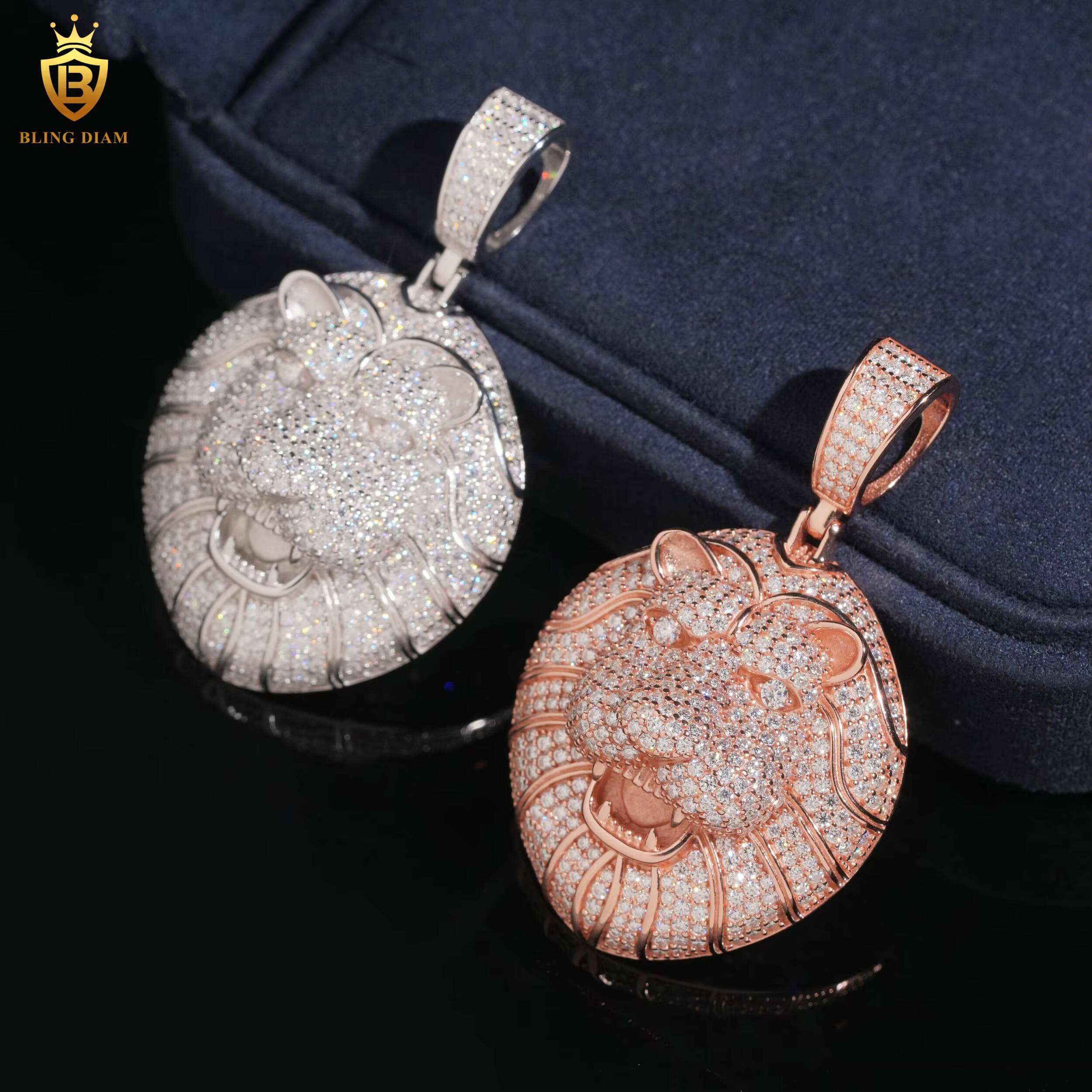 Charm Lion Head Face Animal Circle Pendant Necklace Mens Moissanite-Diamond 925 Sterling Silver Gold Custom Hip Hop Jewelry