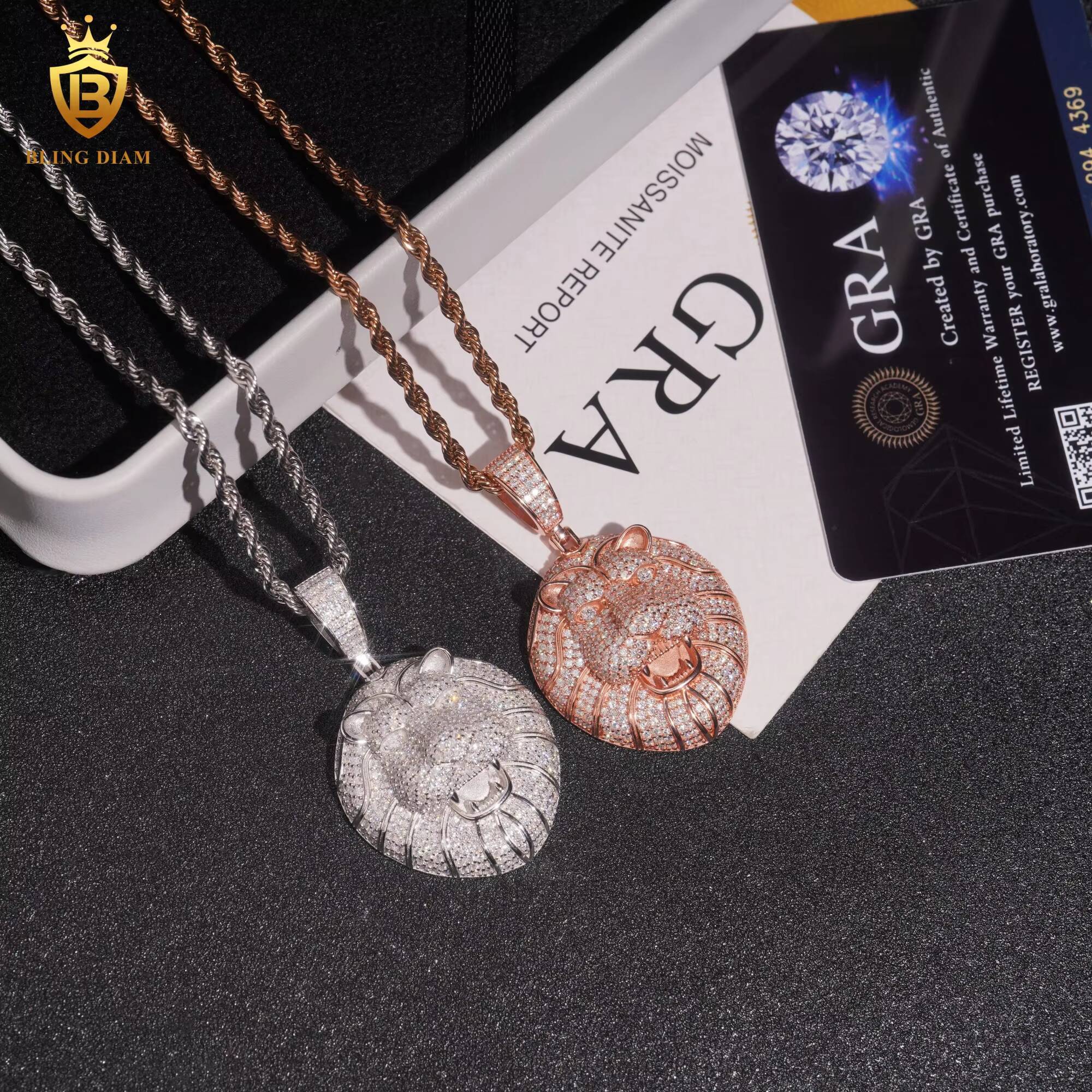 Iced Out Lion Round Pendant Fashion Pendants Charms 925 Sterling Silver Round Brilliant Moissanite GRA Certified Necklaces
