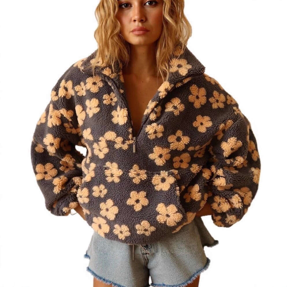 Spring New Fashion Loose Zipper Sweatshirt Long Sleeve Top with Imitation Lamb Wool Print for Women MAKOUFEI