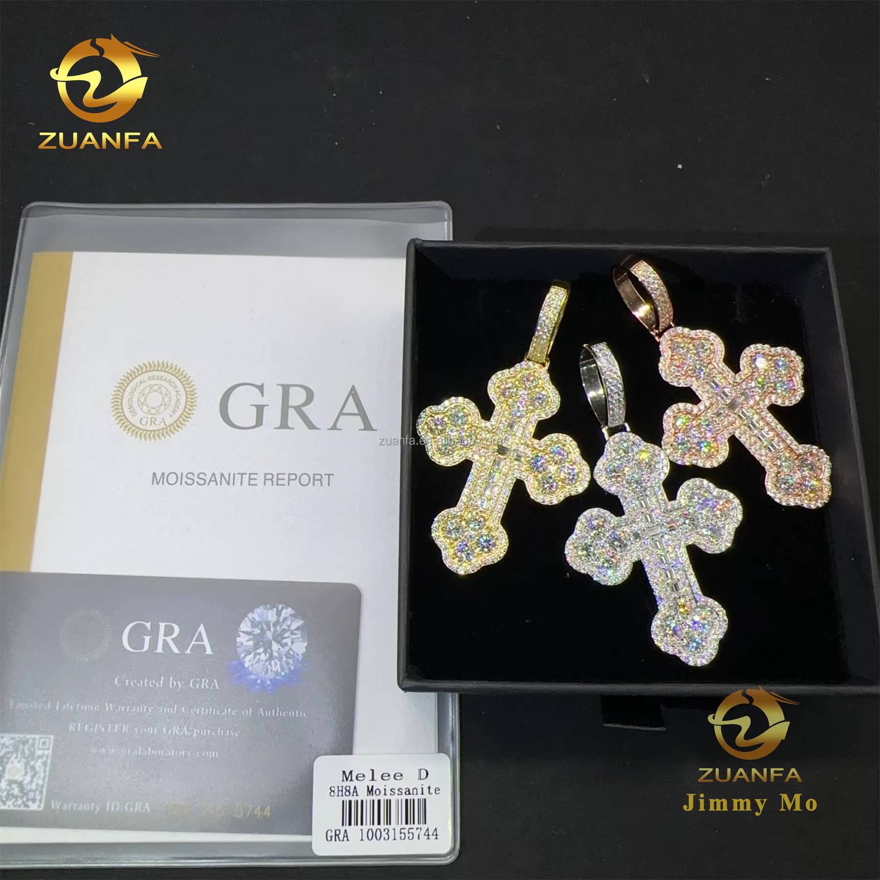 Fire Luxury Jewelry Men Claw Setting Fully Iced Out Hip Hop 925 Silver Baguette Moissanite Diamond Cross Pendant Tennis Chain
