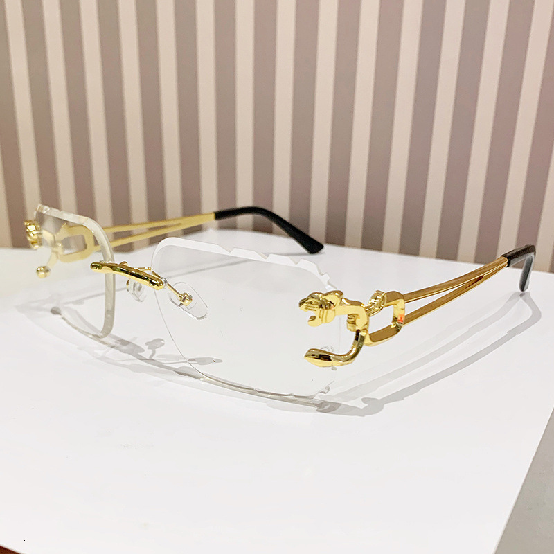 Designer Frameless leopard head sunglasses, metal sun glasses with irregular hollowed-out temples, women's high-end natural look sunshade glasses