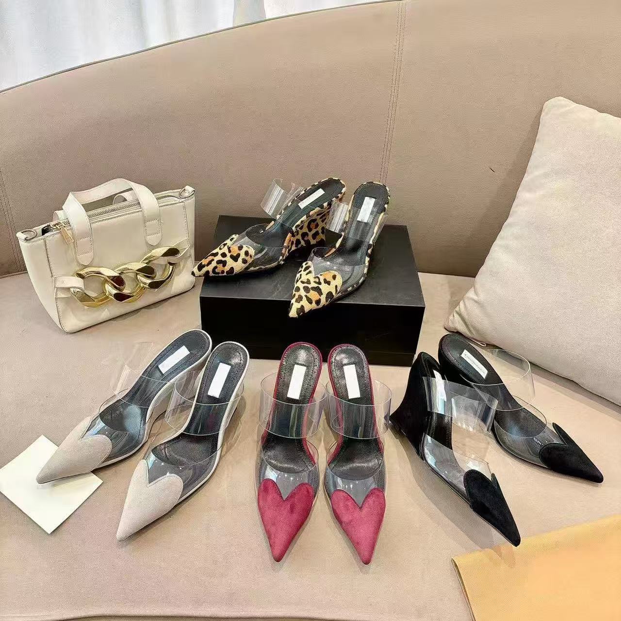 Designer Sandals Women Pointed Toe Transparent Strap Wedge Slipper Elegant Mule High Heel Ladies Fashion Party Wedding Sandals with box 9.5cm Wedge Patent Leather