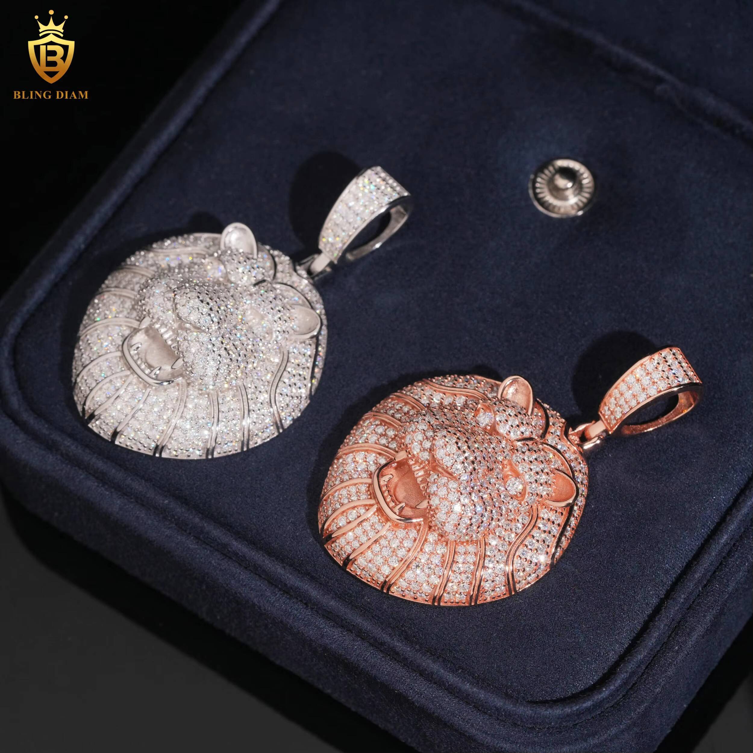 Charm Lion Head Face Animal Circle Pendant Necklace Mens Moissanite-Diamond 925 Sterling Silver Gold Custom Hip Hop Jewelry