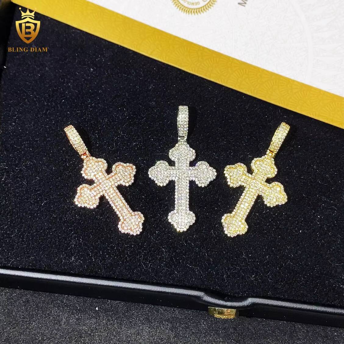Cross Pendant Charms 925 Sterling Silver Yellow Rose Gold Plated Moissanite Pendant D VVS Round Moissanite Pass Diamond Tester