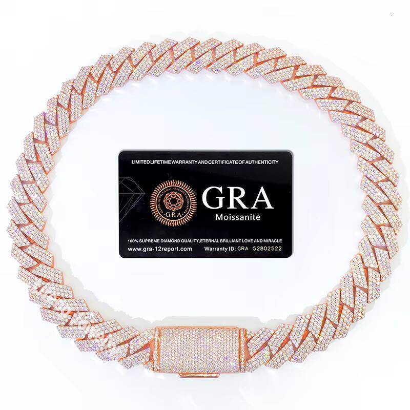 High Quality 18MM 3 Rows VVS Moissanite Necklace Rose Gold Plated Cuban Chain Stylish Hip-hop Style for Men and Women