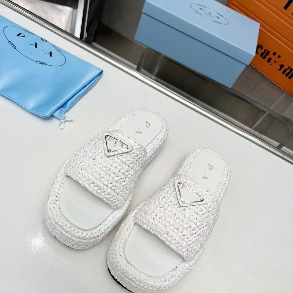 Women's Luxury Designer Raffia Platform Slide Sandals Triangle Logo Open Toe Woven Straw Wedge Slippers Summer Beach Pool Casual Thick Sole Shoes