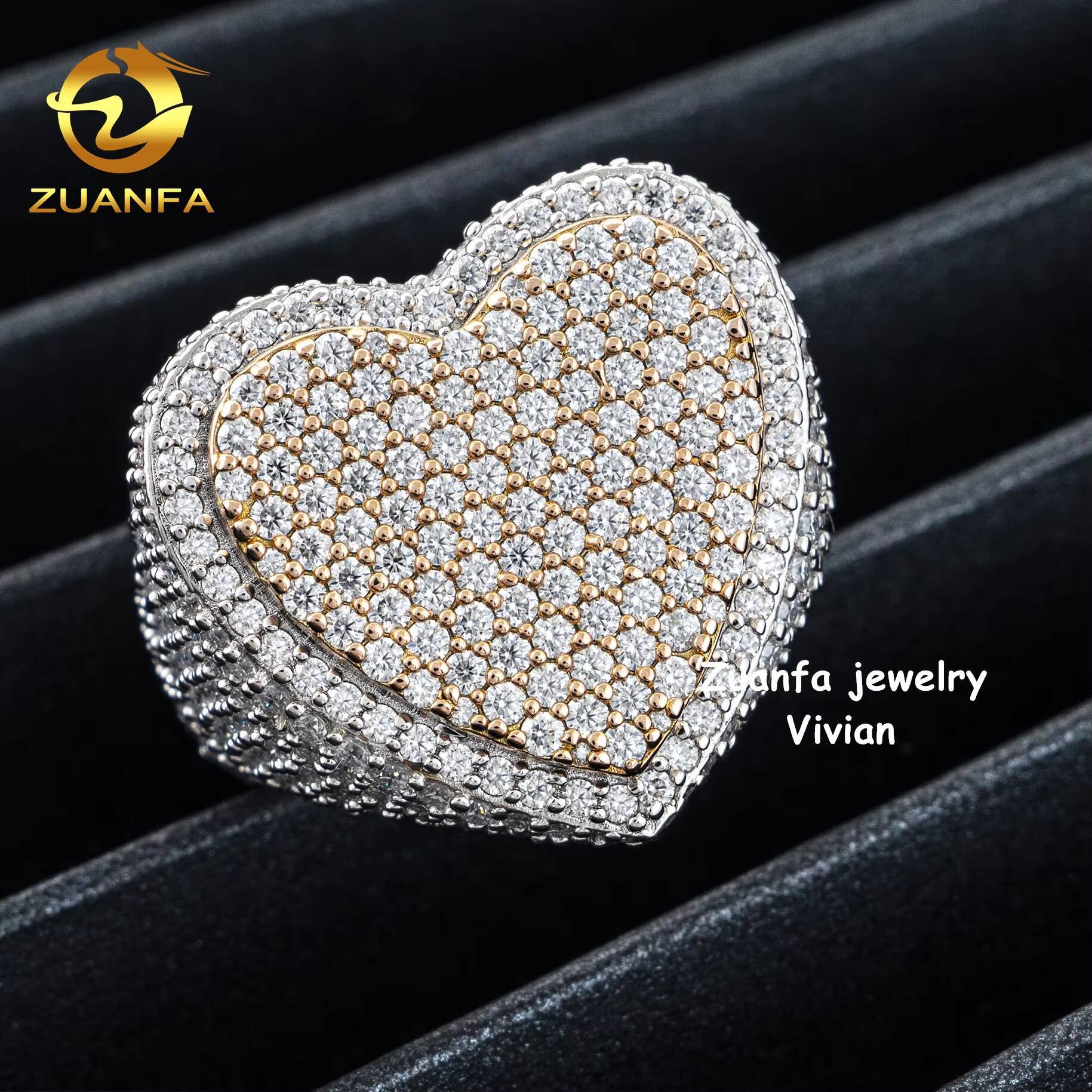 Iced Out Hip Hop Jewelry Gift 925 Sterling Silver VVS Moissanite Diamond Heart Ring for Men