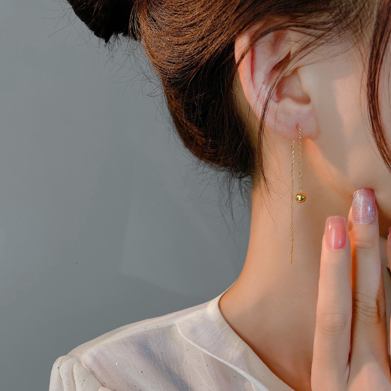 Designer Gold Bead Doudou Thread Titanium Steel Tassel Earrings New Trendy 18k Gold Elegant Earrings for Women Long Style High-end Sense Stud Earrings