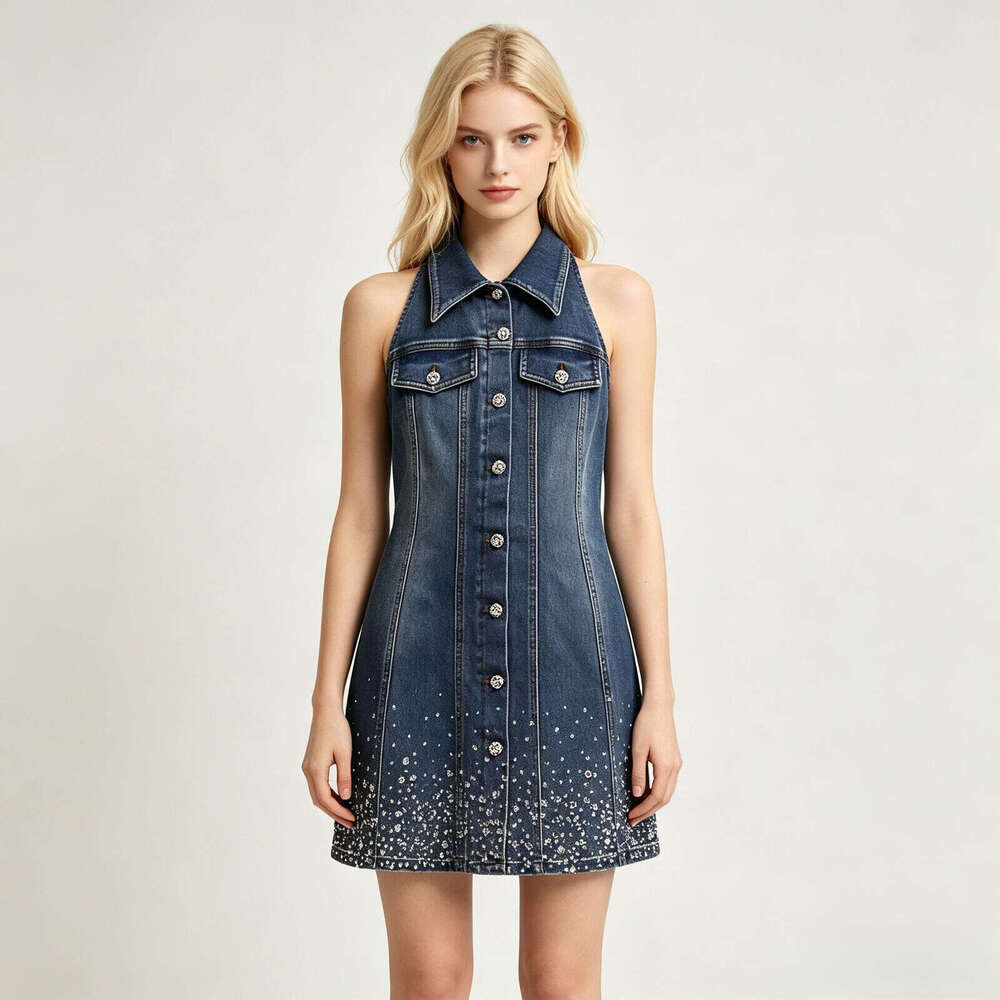 Designer's high-end women's summer new k30 style French chic re embellished FC denim vest dress2026