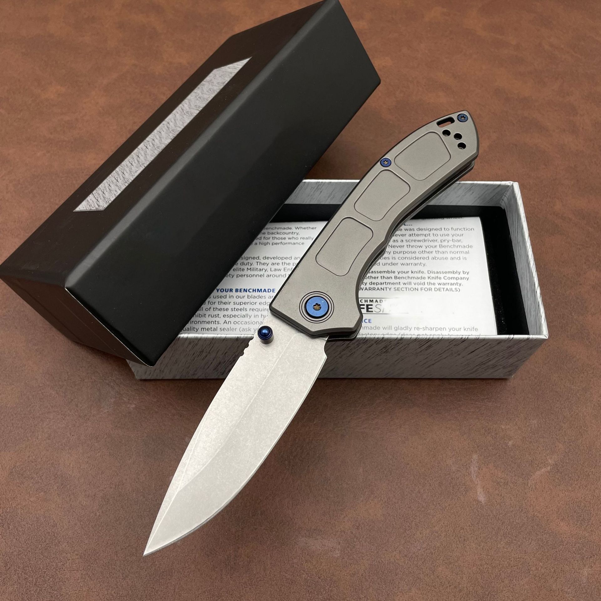 Tactical BM 748 Narrows Folding Knife 3.43" M390 Satin Blue Accents Outdoor EDC Tool Drop Point Blade Gray Titanium Handles