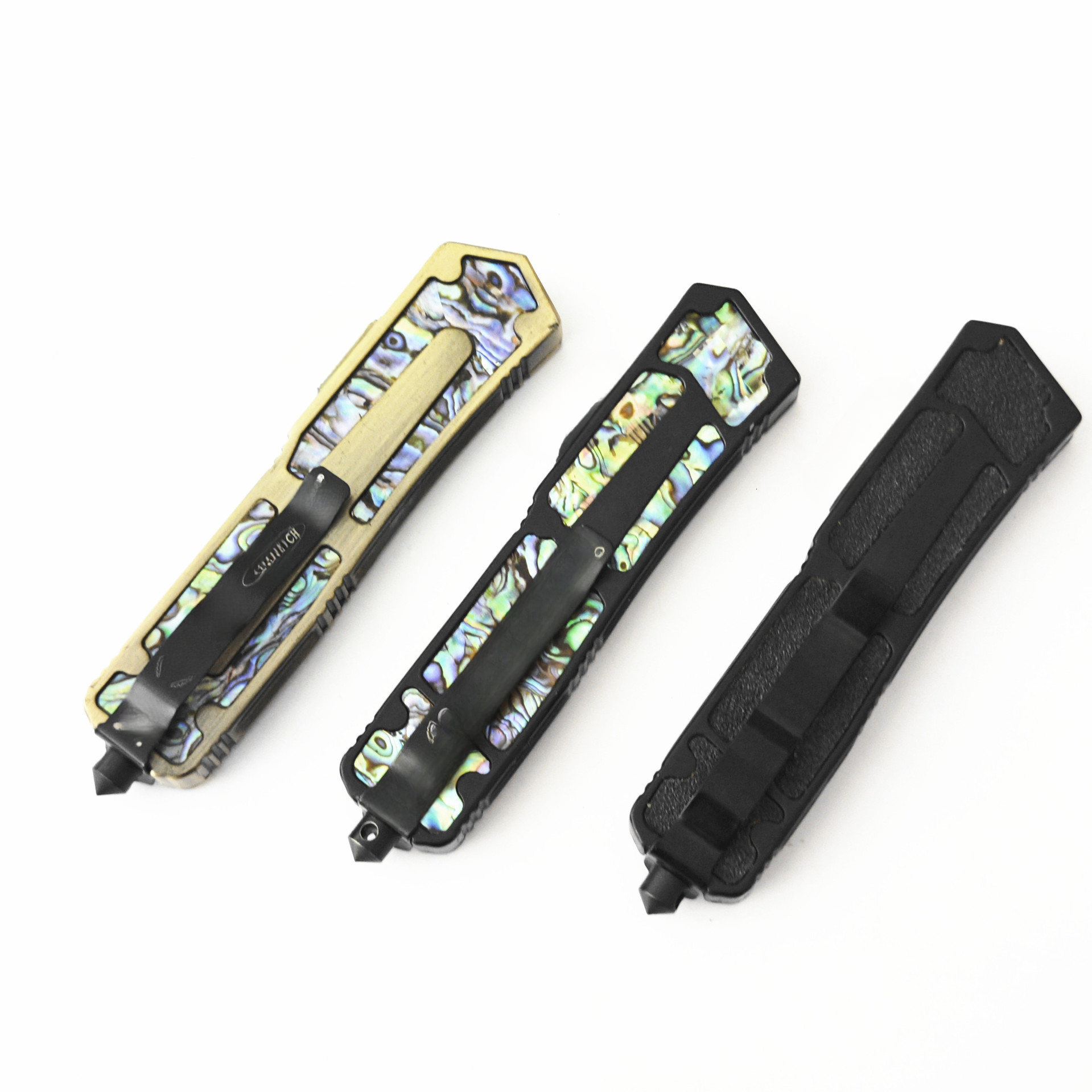 Abalone Shell Gold Color DE Blade CNC Zinc Handle Outdoor Camping Fishing OTF EDC Tools