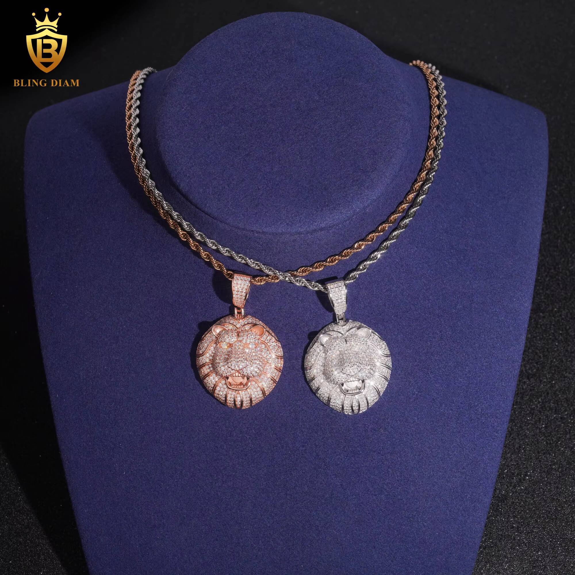 Iced Out Lion Round Pendant Fashion Pendants Charms 925 Sterling Silver Round Brilliant Moissanite GRA Certified Necklaces