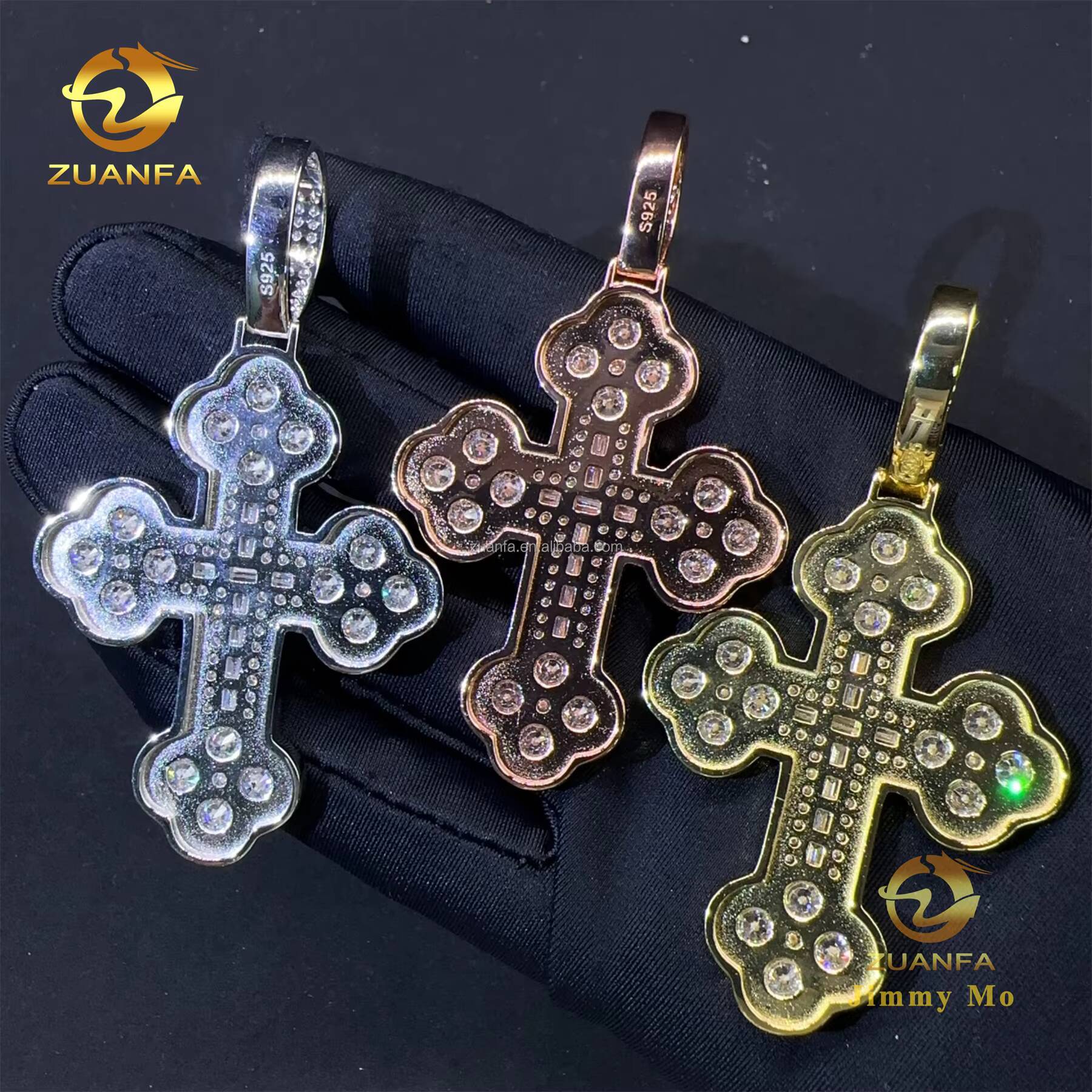 Fire Luxury Jewelry Men Claw Setting Fully Iced Out Hip Hop 925 Silver Baguette Moissanite Diamond Cross Pendant Tennis Chain