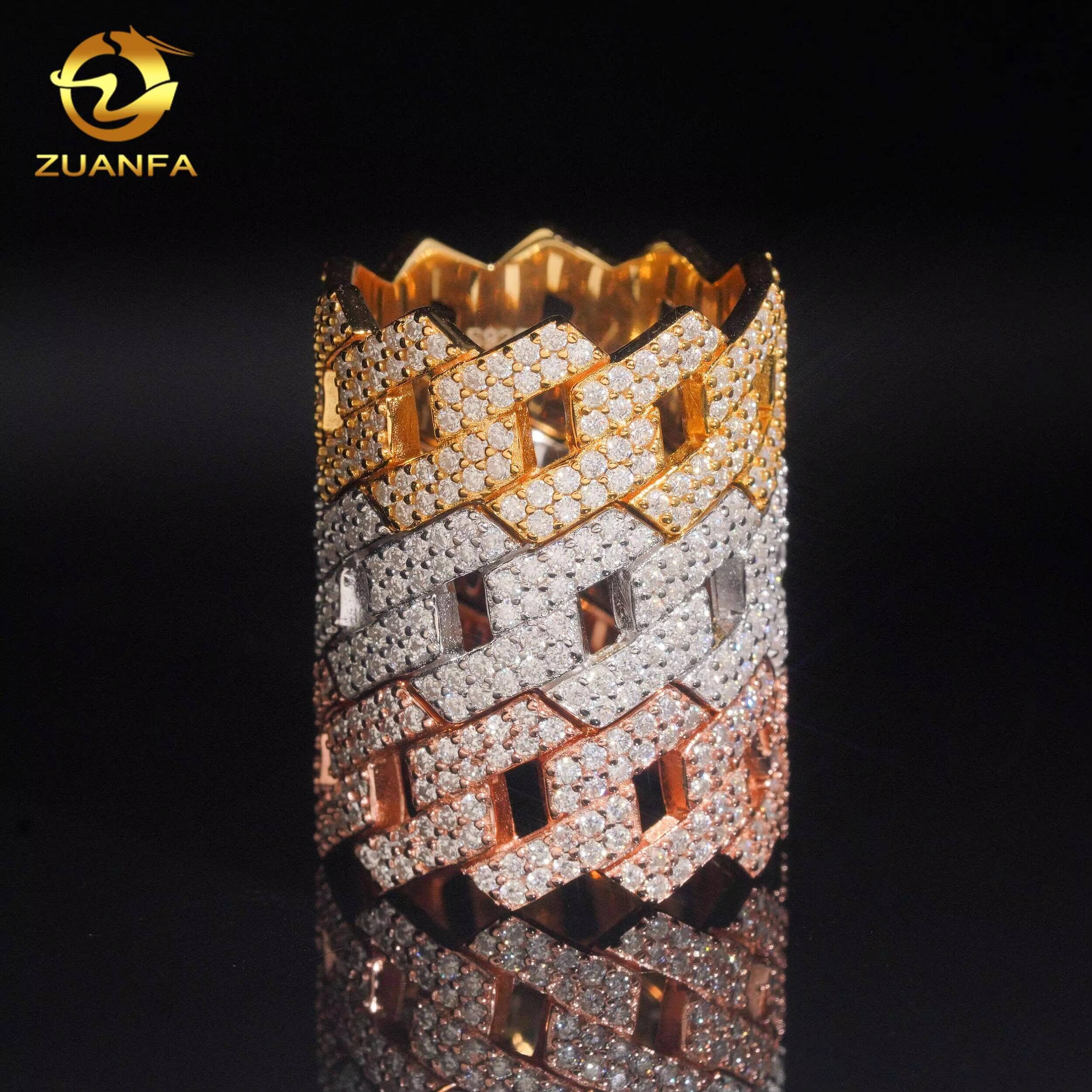 Hot Sale Two Row Hip Hop Rapper VVS Mokssanite Ring 925 Silver Fine Jewelry Full Diamond Iced Out Jewelry Cuban Ring for Men