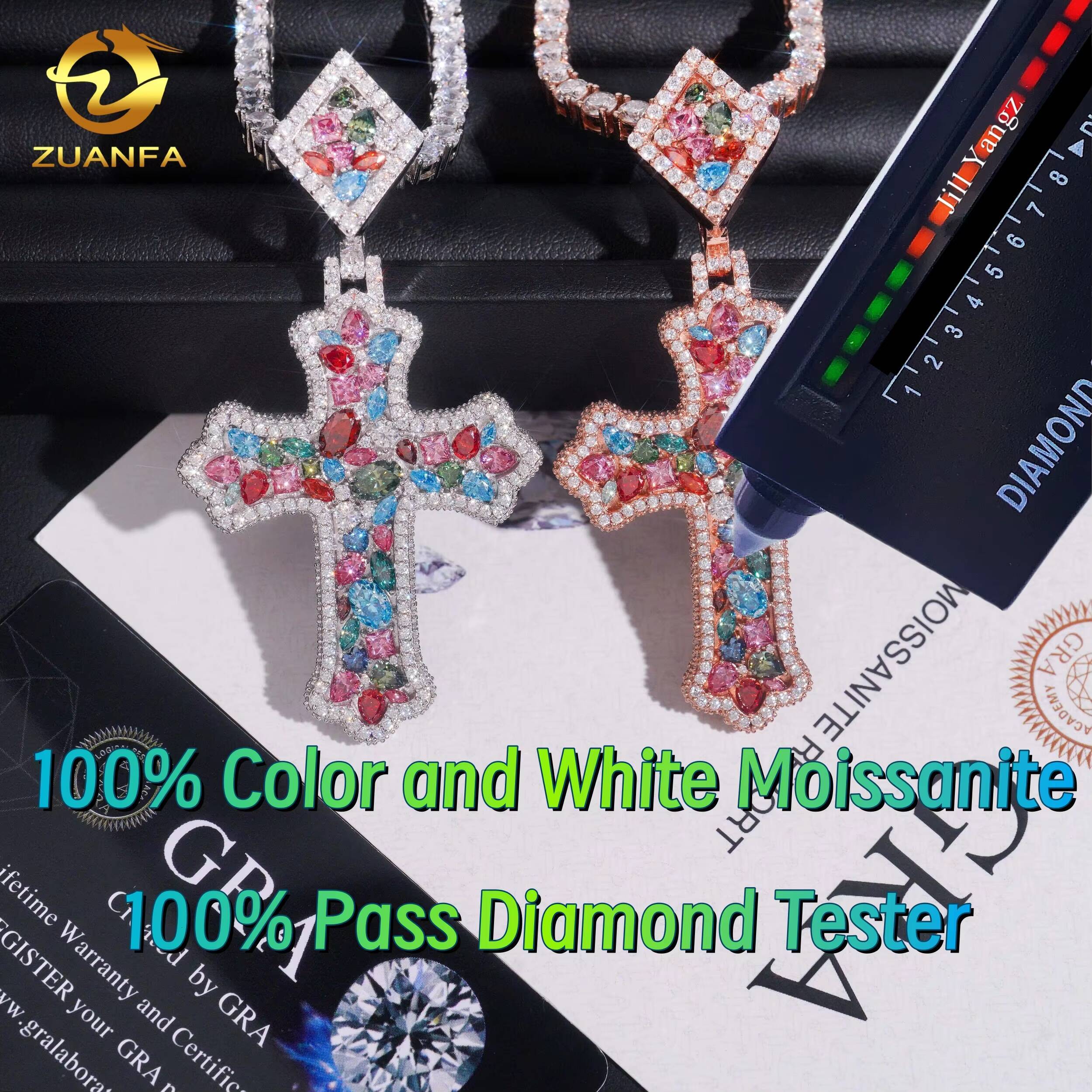 Mixed Fancy Cut Color Moissanite Chain Pendant Cross Custom Hip Hop Pendant Moissanite Religious Jewelry Cross Pendant Unisex
