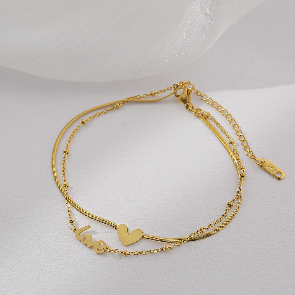 Designer New double-layer heart Love 18K plated gold anklet for women, ins minimalist forest style, trendy and popular