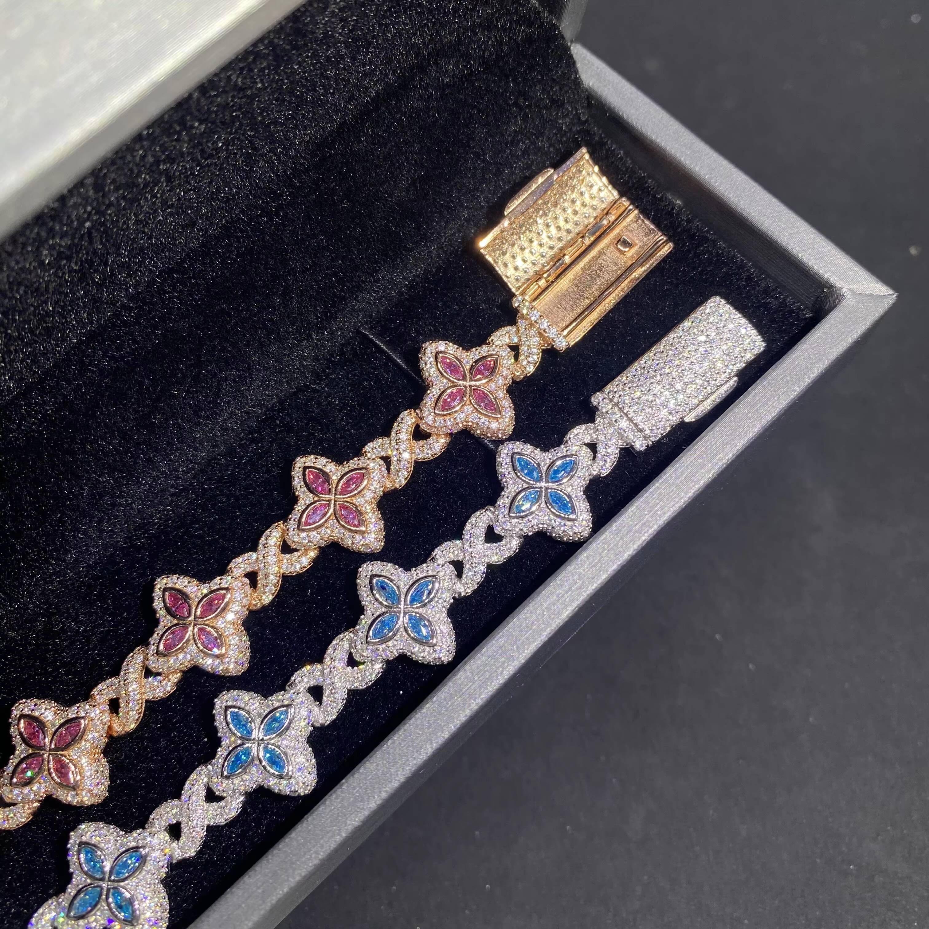 15mm Hot Sale Hip Hop Jewelry Marquise VVS Moissanite 925 Silver Iced Out Clover Bracelet Blue Pink Diamond Cuban Chain Necklace