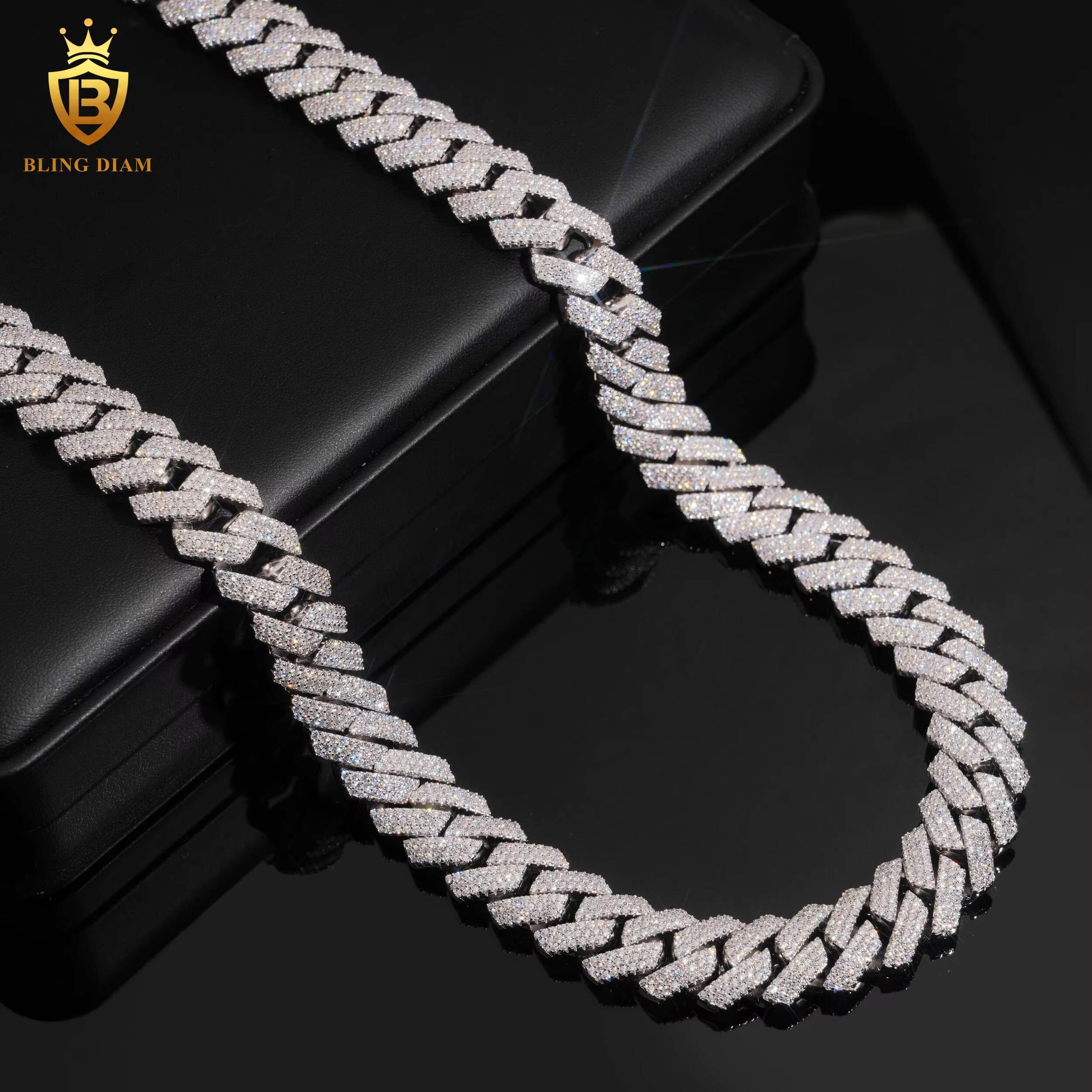 Hot Selling Miami 15MM 925 Sterling Silver Chain Cuban 3 Rows Moissanite Cuban Link Fashion Chains Necklaces Pass Diamond Test