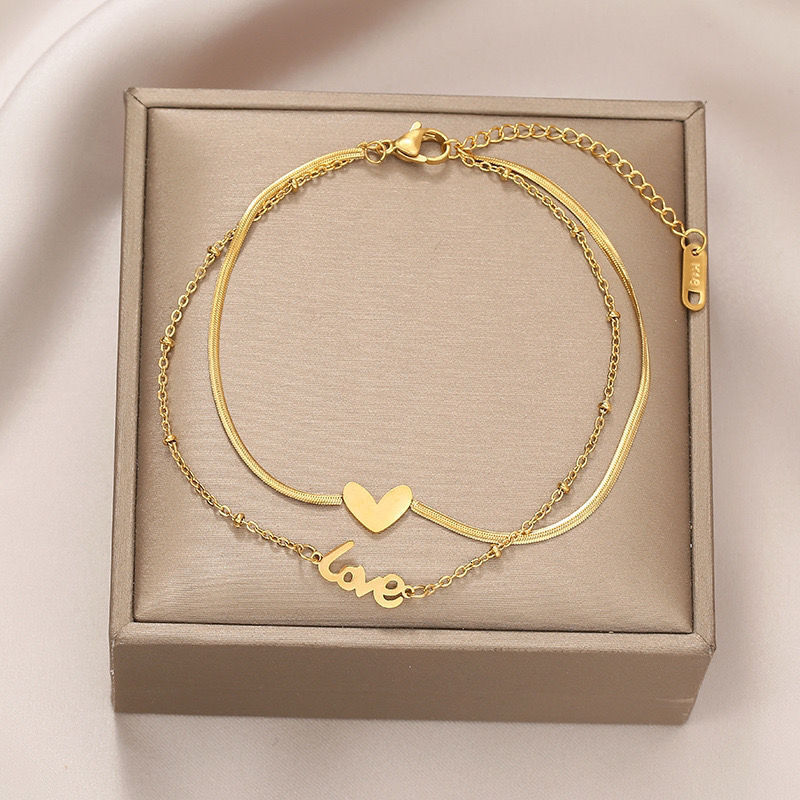 Designer New double-layer heart Love 18K plated gold anklet for women, ins minimalist forest style, trendy and popular