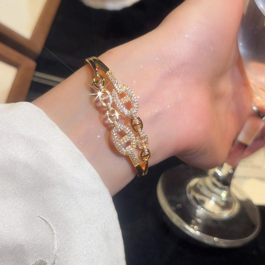 Exaggerated European American style 18K real gold plated zircon geometric pearl ring and bracelet set, light luxury high-end women's jewelry - view 6