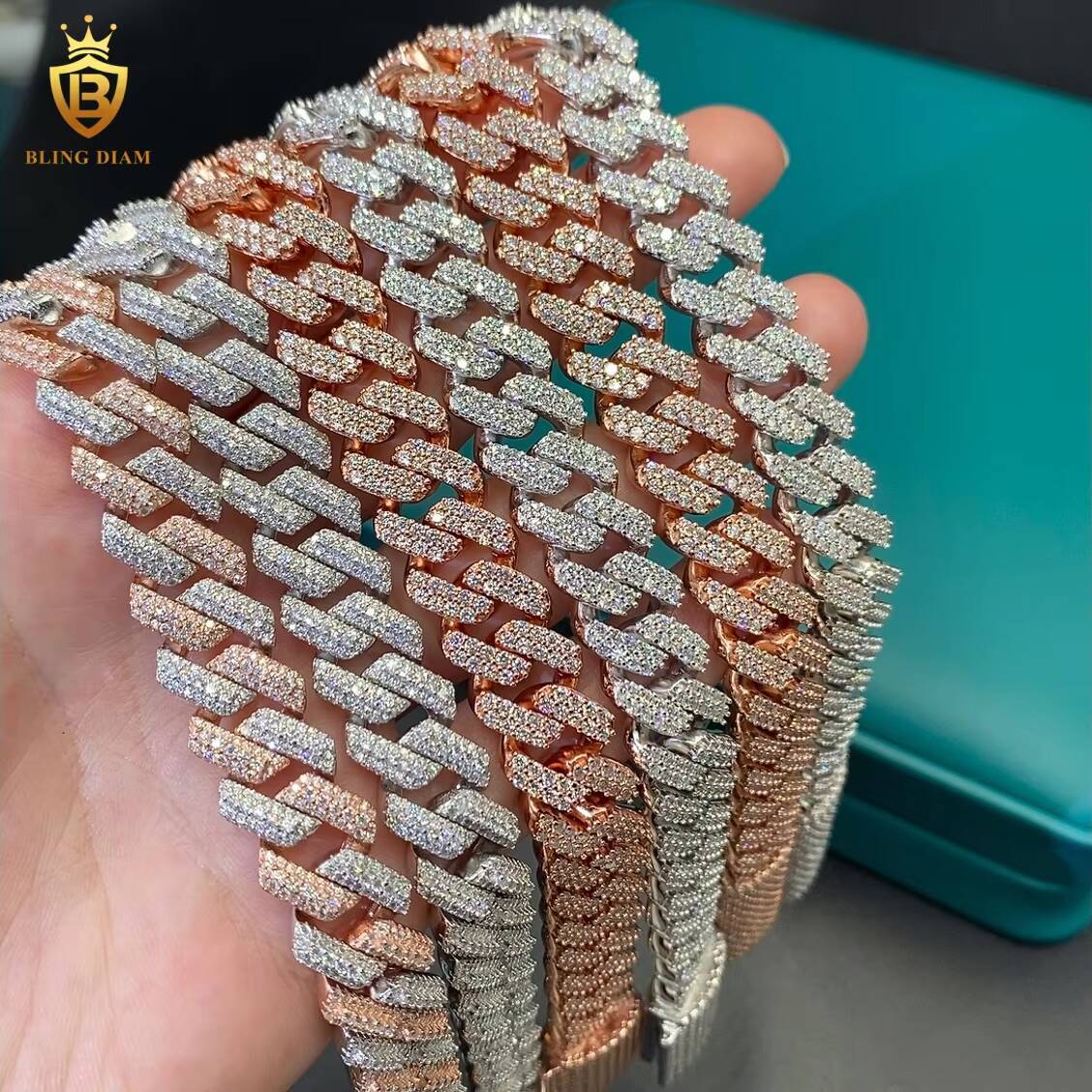 Miami 12mm Bracelets Cuban Link Chain Moissanite 925 Silver Rose Gold Vvs Moissanite Chain Fashion Chains Pass Diamond Test