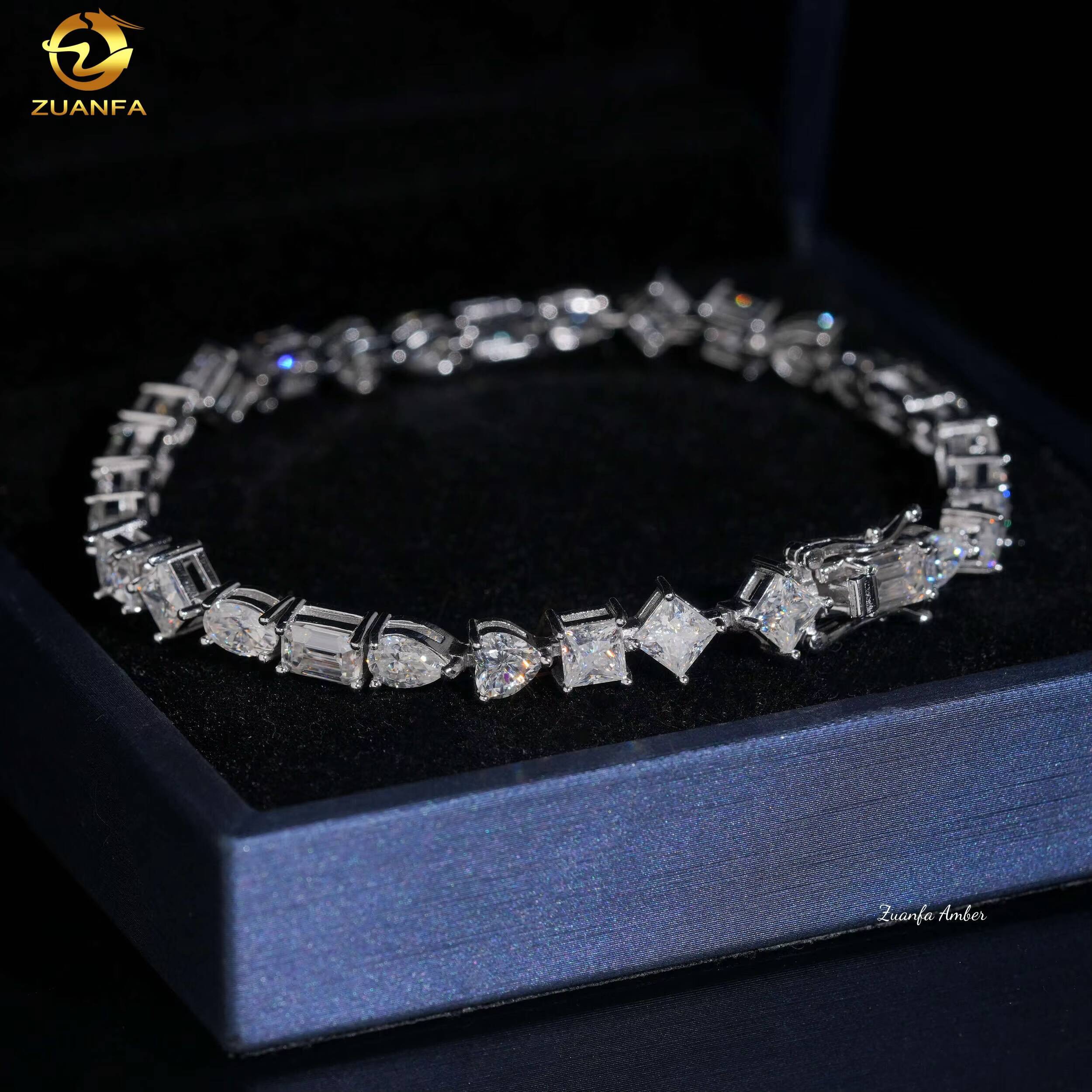 S925 Sterling Silver Hip Hop Iced Out Bling D-VVS Fancy Cut Moissanite Diamond Tennis Bracelet