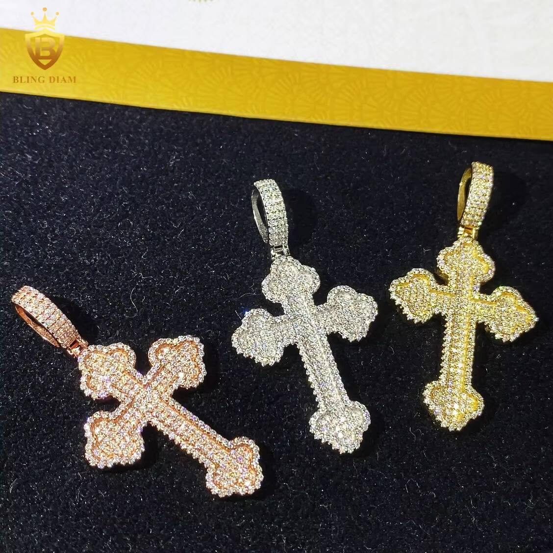 Cross Pendant Charms 925 Sterling Silver Yellow Rose Gold Plated Moissanite Pendant D VVS Round Moissanite Pass Diamond Tester